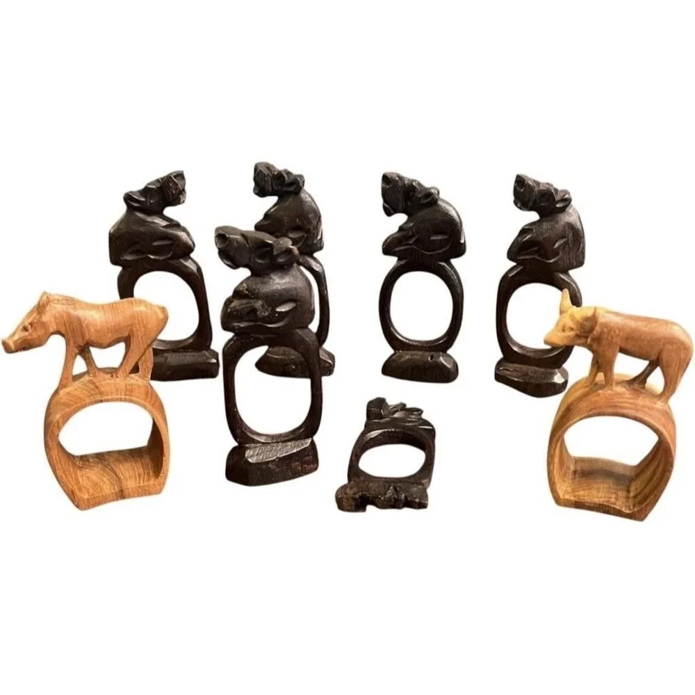 VTG Set of 8 Carved Wood African Safari Animal Wooden Napkin Ring Holder 3-4